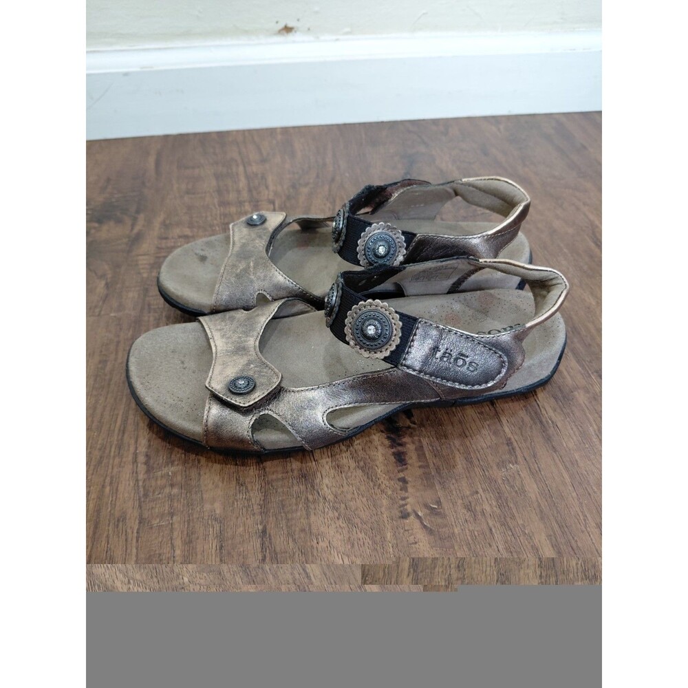 Taos Sandals Womens Sz 7 Eden 2  Open Toe Pewter Brown Leather Brown Metallic